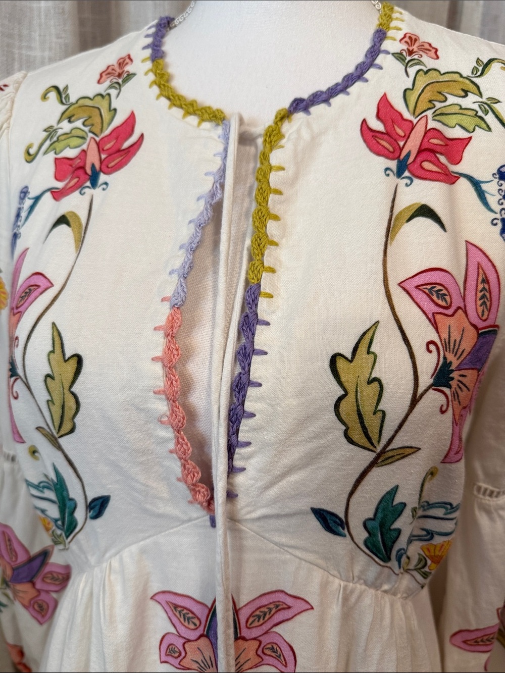 FARM Rio Floral Mini Dress Boho Long Sleeve Tassel Tie Size Small - Picture 2 of 16